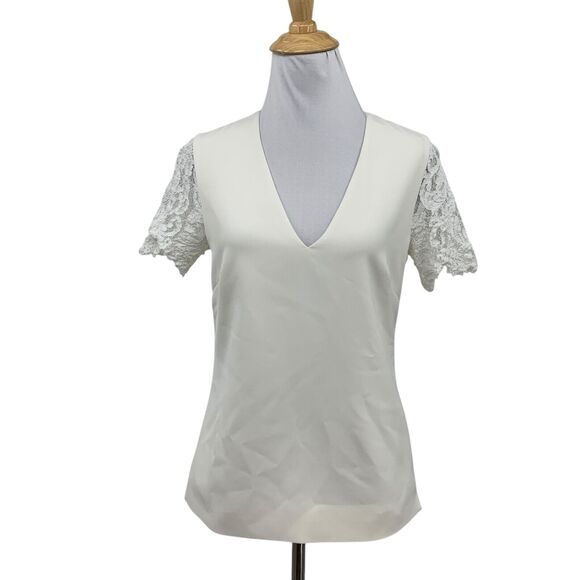 Ted Baker Blouse Womens 0 White Jessin V Neck Short Lace Sleeves Lined Back Zip - Picture 1 of 14